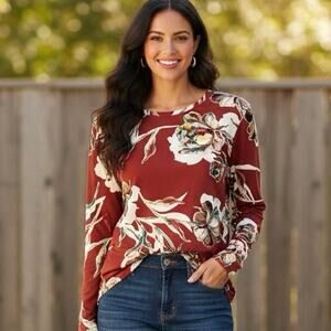 Chico's Floral Long Sleeve Stretch Top Red Rayon & Spandex Size 3 / US XL
